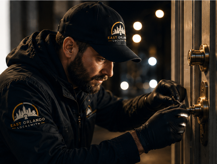 Locksmith repairing a door lock at night